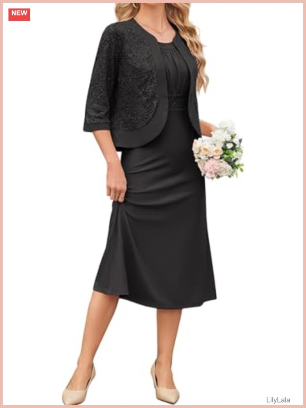 Lace Sequin Two-Piece Wedding Guest Dress with Cardigan